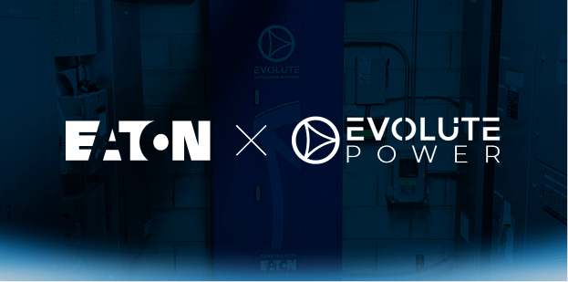 Logos of Eaton and Evolute Power are centered with a dark industrial background. A modern, collaborative tone is conveyed with bold, sleek fonts.