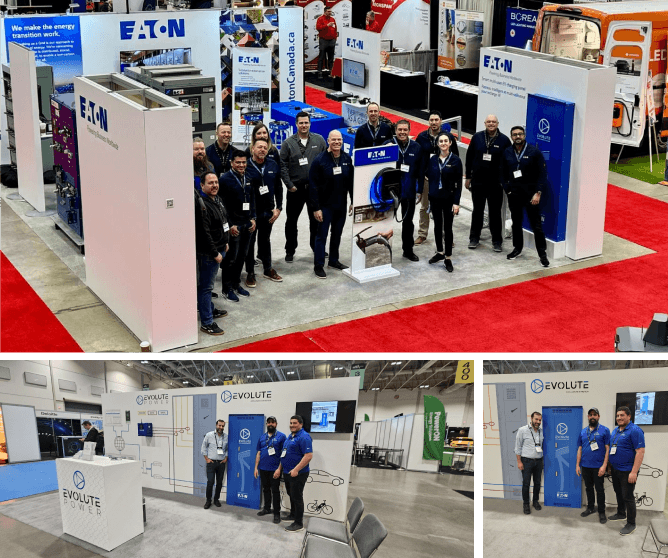 Trade show booths feature teams from Eaton and Evolute at an exhibition. Attendees pose together, creating a buzzing, professional atmosphere.