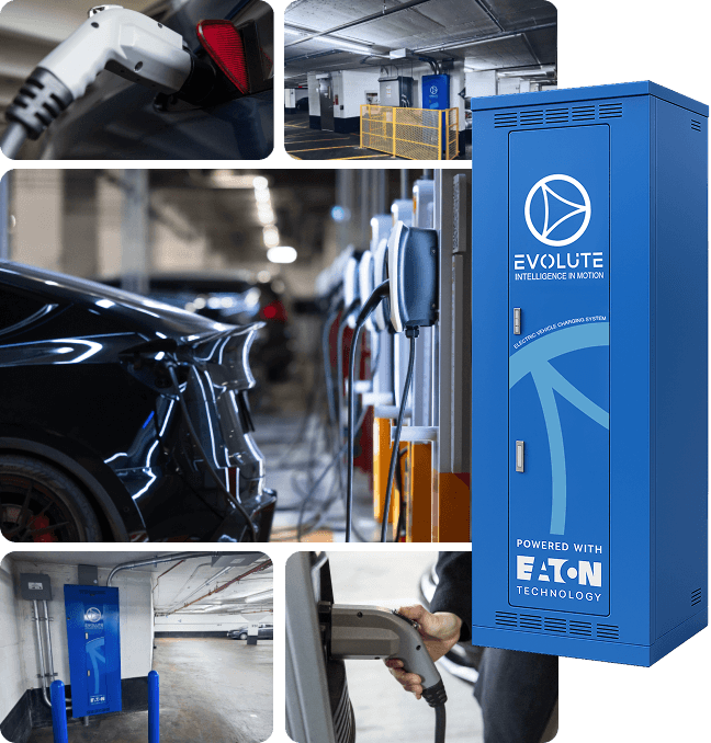Collage of electric vehicle charging images in a parking garage. A blue "Evolute" charging system cabinet is prominently displayed. Tone is modern and tech-focused.